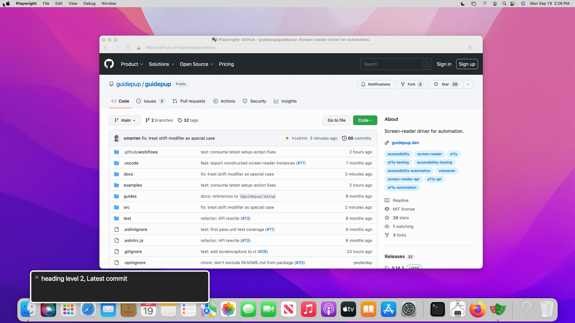 Gif of Playwright controlled Safari browser being driven with VoiceOver. Announcements read: heading level 2, Latest commit, heading level 2, Git stats, You are currently on a heading level 2., heading level 2, Files, You are currently on a heading level 2., heading level 2, link, README.md, heading level 1, Guidepup