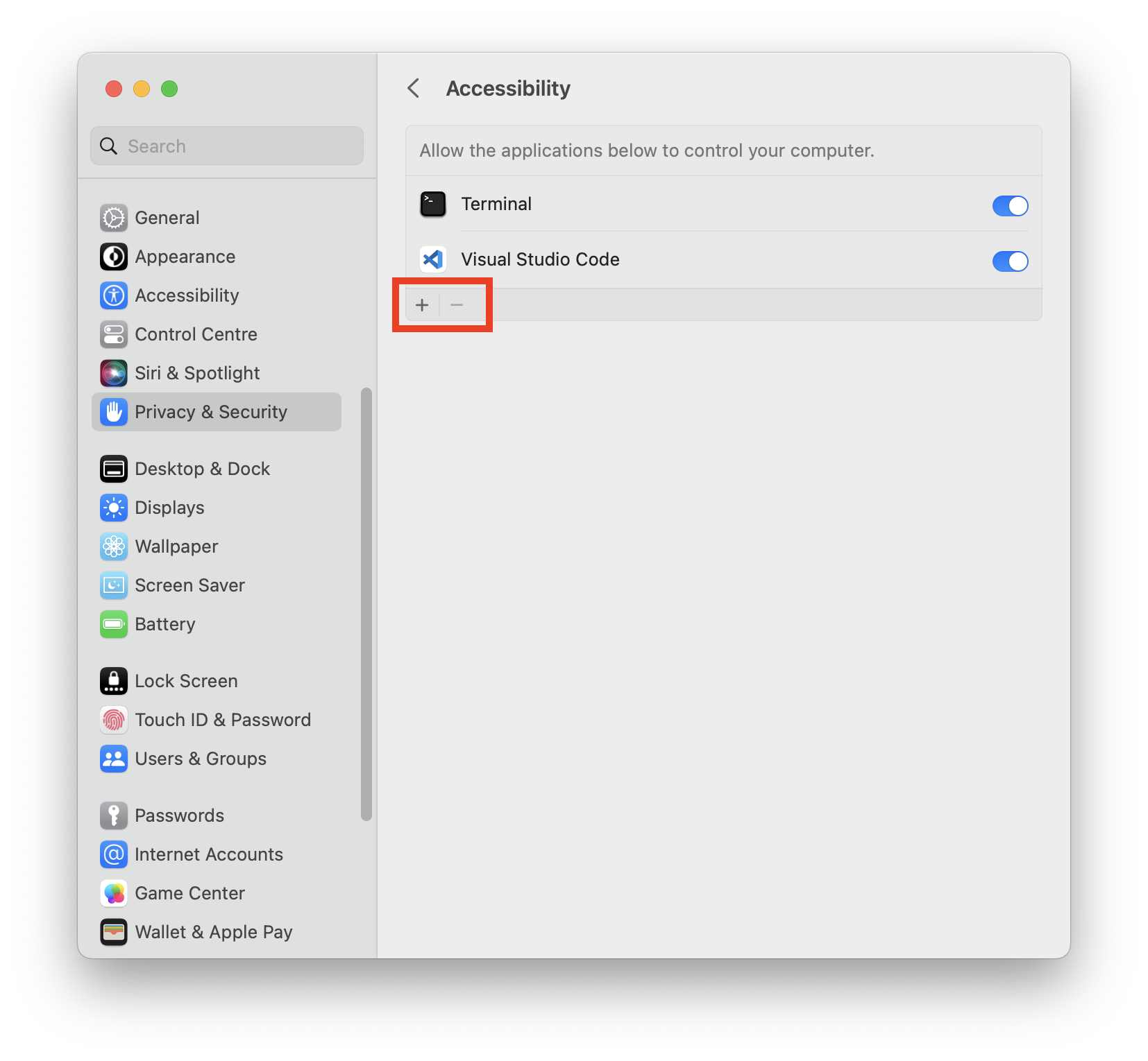 Privacy &amp; Security view of System Settings with the Accessibility tab open. The plus &quot;+&quot; button below the &quot;Allow the applications below to control your computer.&quot; section is highlighted.