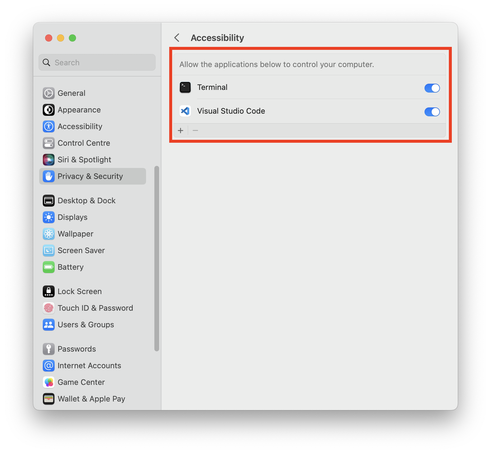 Privacy &amp; Security view of System Settings with the Accessibility tab open. The &quot;Allow the applications below to control your computer.&quot; section is highlighted, with two applications listed: Terminal.app and Visual Studio Code.app, both with their checkboxes ticked.