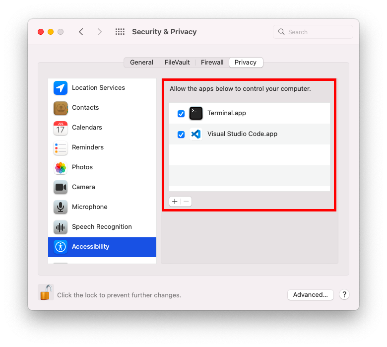 Security &amp; Privacy view of System Preferences with the Privacy tab open and the Accessibility option selected. The &quot;Allow the apps below to control your computer.&quot; section is highlighted, with two applications listed: Terminal.app and Visual Studio Code.app, both with their checkboxes ticked.