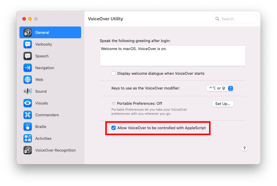 VoiceOver Utility General Tab highlighting the last form option: a ticked checkbox for &quot;Allow VoiceOver to be controlled with AppleScript&quot;.