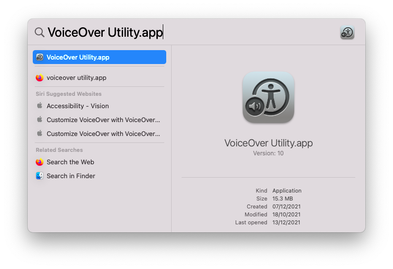 MacOS Spotlight search for &quot;VoiceOver Utility.app&quot;.